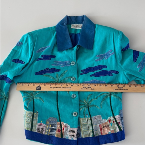 Vintage Patchington Palm Tree Blazer Womens Small Cityscape Jacket Y2K Cotton - Picture 10 of 13